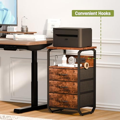 runjuly Night Stand with Charging Station, LED Nightstand with 3 Fabric Drawers and Hooks, Small End Table with Light and USB C Port, Storage Side Table for Bedroom, Rustic Brown - color: Rustic Brown, style: 3 Drawers