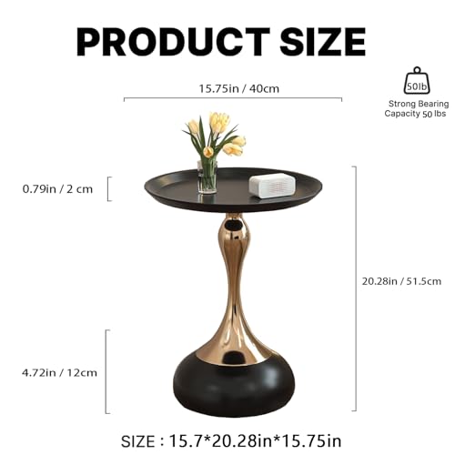 Modern Round Side Table with Gold Pedestal Base, Black Metal Top, Accent End Table for Living Room (Black) - color: Black