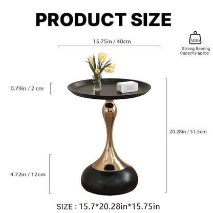 Modern Round Side Table with Gold Pedestal Base, Black Metal Top, Accent End Table for Living Room (Black) - color: Black