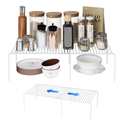 2Pack Expandable Storage Shelf, 13.5"~23" L x 9.4" W x 5.5" H, White | Adjustable Rustproof Metal Wire Spice Rack, Space Saver Kitchen Storage Shelves for Pan, Pot, Countertop, Drawer, Fridge - size: 2Pack-White-13.5-23 x 10 inch