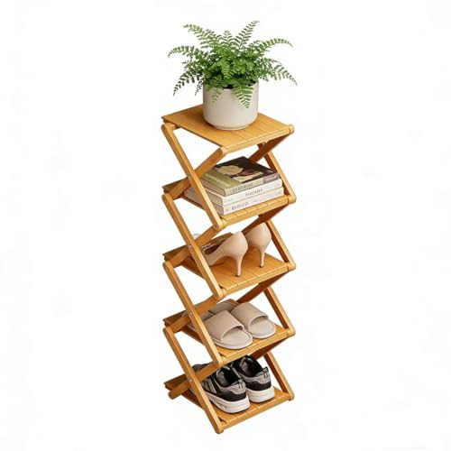 Bamboo Shoe Rack - No Assembly Required, Tall Narrow Foldable Shoe Organizer, Space-Saving Multifunctional Shelf for Entryways, Corners, Bedrooms, Balconies, 5 Layer(Reinforced and Thickened) - color: Wood Color, size: 5 Layers