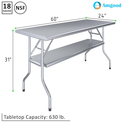 AmGood 24 in. x 60 in. Folding Stainless Steel Work Table with Removable Undershelf, NSF Commercial Prep Table - size: 24" Deep x 60" Long, style: + Undershelf