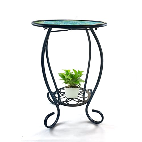 LIFFY Mosaic Outdoor Side Table, 14" Round Flower Patio Side Table with Storage Shelf, Small Bistro Coffee Table for Garden Yard Porch Living Room - color: Light Green-14 Inches
