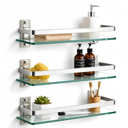 Bathroom Glass Shelf 15.7" Silver Wall-Mounted, Floating Metal Storage Rack | 3 Pack Aluminum Tempered Glass 0.3in Extra Thick Rectangular，Space-Saving Design - color: Silver 3 Pack