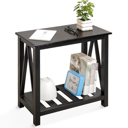 Narrow Side Table with Storage Shelf 2 Tier Wooden Nightstand Bedside Tables for Small Spaces Black Modern Accent Sofa Side Tables for Couch Living Room Bedroom Entryway - color: Wood Grain Black