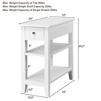 Giantex Narrow End Table Set of 2, Small Side Table with Drawer and Shelf, Wood Accent Sofa Table, Skinny Nightstand for Small Space Living Room Bedroom, White - color: White
