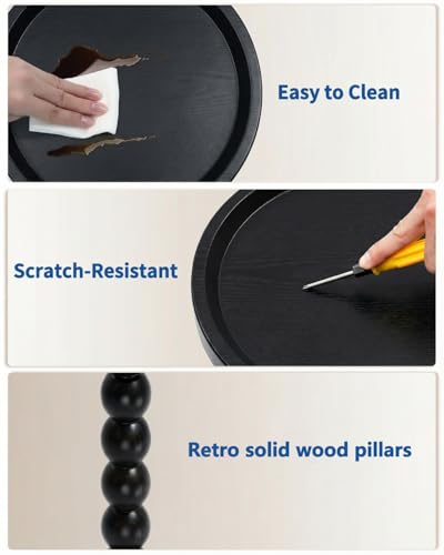 Round Wooden Side Table & Drink Table | Sturdy & Functional Mid-Century Modern Design with Solid Wood Base for Living Room, Bedroom, Office & More - color: Black