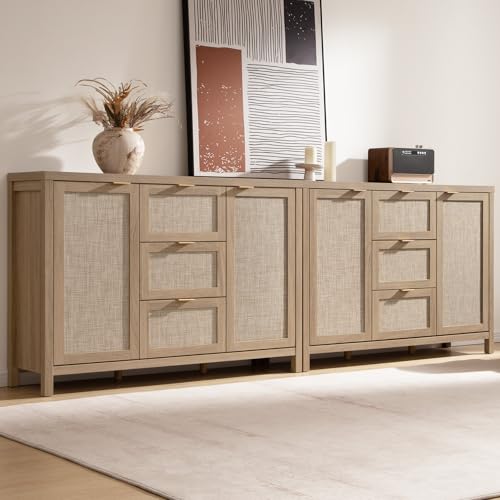 SICOTAS 52 Inch Rattan Sideboard Buffet Storage Cabinet with 3 Drawers | 2 Pieces Farmhouse Boho Coffee Bar Cabinet Storage Cabinet with 3 Drawers, Console Table for Living Room, Kitchen, Hallway - color: Reclaimed Light Oak, size: 2 Pieces