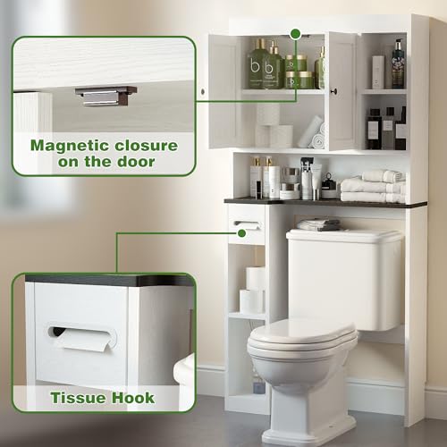 Over The Toilet Storage Cabinet with 7 Shelves, Imitation Walnut Grain Above Toilet Bathroom Organizer with Toilet Paper Holder Stand, Space Saver for Restroom, Laundry, Bathroom (White) - color: White