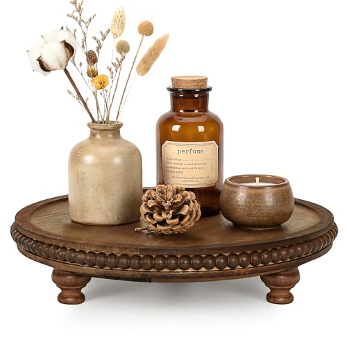 EOSAHR Beaded Round Display Riser for Room Decor – 3-Leg Wooden Pedestal Stand for Coffee Table, Cake Stand, Perfume & Vanity Organizer – Boho Home Decor for Living Room (Vintage Brown) - color: Vintage Brown