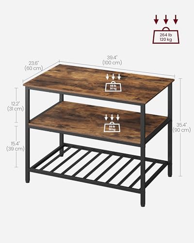 VASAGLE Kitchen Island with 3 Shelves, 39.4 Inches Width Kitchen Shelf with Large Worktop, Stable Steel Structure, Industrial, Easy to Assemble, Rustic Brown and Black UKKI005B01 - color: Rustic Brown + Black, size: 39.4"W x 35.4"H, style: without Power O