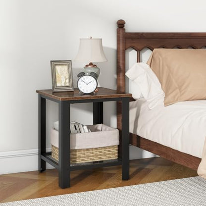 Giantex 2-Tier End Table Set of 2, 16 Inch Small Side Table w/Mesh Storage Shelf, Industrial Telephone Table with Heavy-Duty Metal Frame, Square Sofa Table for Small Space Living Room, Rustic Brown
