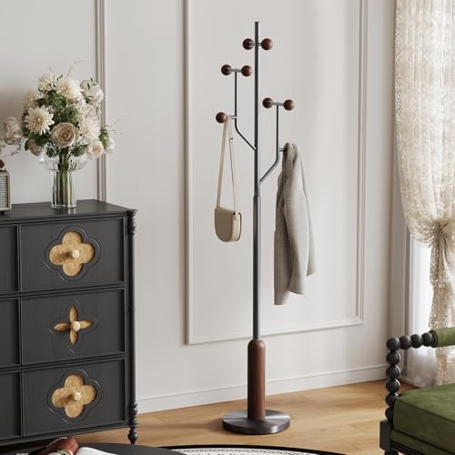 Coat Rack Freestanding Metal Coat Tree with 8 Wood Hooks | Heavy Duty Standing Coat Rack, Stainless Steel Marble Base, Coat Hanger Stand for Bedroom Entryway Hallway, Hat, Bags - color: Stainless Steel and Wood
