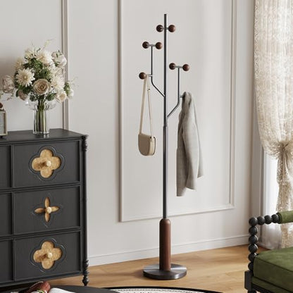 Coat Rack Freestanding Metal Coat Tree with 8 Wood Hooks | Heavy Duty Standing Coat Rack, Stainless Steel Marble Base, Coat Hanger Stand for Bedroom Entryway Hallway, Hat, Bags - color: Stainless Steel and Wood