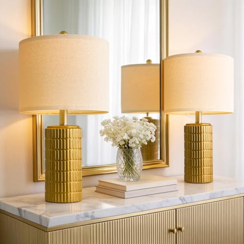 PoKat 20.75" Brass Gold Ceramic Table Lamps Set of 2 for Living Room, Small Retro Bedside Lamps for Bedroom, Nightstand Lamps for Home Decor, Vintage Bronze Decorative Lamp Sideboard Side Table Gifts - color: 20.75'' Small - Brass Gold