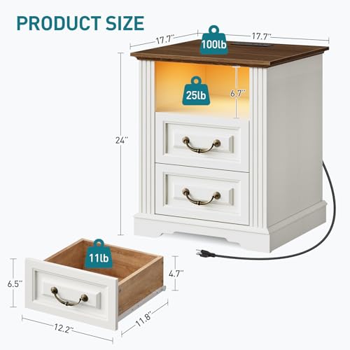 RALGEND Farmhouse Nightstand with Charging Station, Night Stand with 2 Drawers, End Tables Living Room, LED Bed Side Table with Open Shelf, End Table for Bedroom, Living Room, White and Walnut - color: White and Walnut