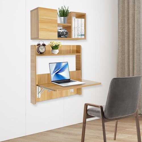 Wall Mounted Bookshelf with Moveable Cabinets, Multifunctional Folding Floating Desk, Fold Down Laptop Table with Storage Shelves for Bedroom Study Room Space Saving Small Space Garage (Light Walnut) - color: Light Walnut