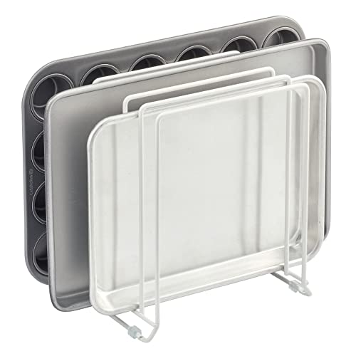 mDesign X-Large Steel Storage Tray Organizer Rack for Kitchen Cabinet - Divided Holder with 5 Slots for Skillets, Frying Pan, Pot Lids, Cutting Board, Baking Sheets - Concerto Collection - White - color: White, size: Pack of 1