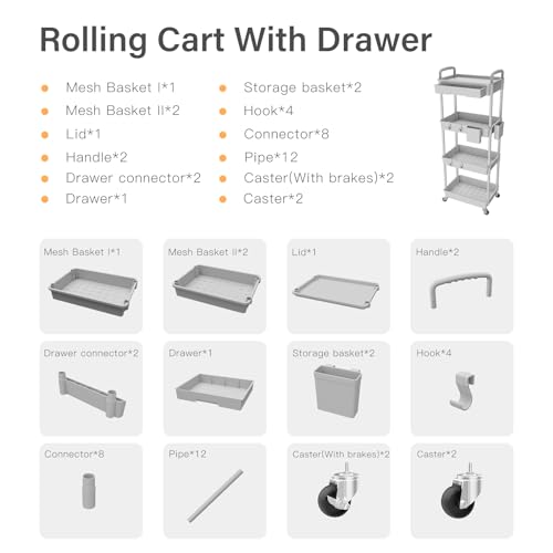 4 Tier Rolling Utility Cart with Drawer,REBECAT Utility Cart Made of Multifunctional Storage Organizer Tool for Kitchen,Bathroom,Living Room,Office(Gray) - color: Gery