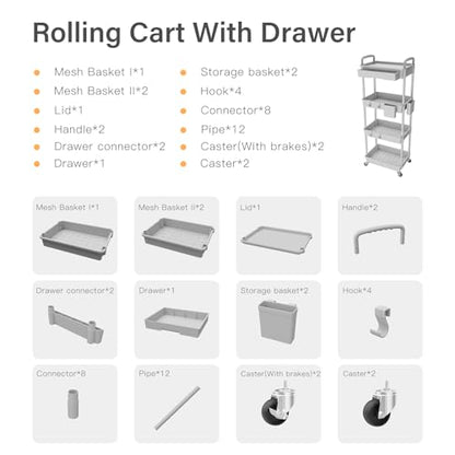 4 Tier Rolling Utility Cart with Drawer,REBECAT Utility Cart Made of Multifunctional Storage Organizer Tool for Kitchen,Bathroom,Living Room,Office(Gray) - color: Gery