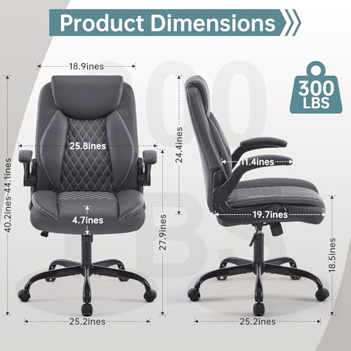 YFO Leather Office Chair, Ergonomic Home Office Desk Chair, Back Support Swivel Executive Office Chair with Wheels and Flip-Up Armrests, Small Gaming Chair with Adjustable Rocking Function, Grey - color: Grey