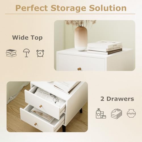 GOFLAME Nightstand with 2 Drawers, Mid-Century Modern Bedside Table with Storage, Elevated Legs & Golden Knobs, Wooden, Small Sofa Side End Table, Compact Night Stand for Bedroom, White (1)