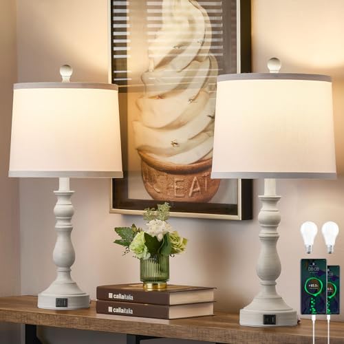 23'' Farmhouse Table Lamps for Living Room Set of 2 with USB C+A Ports, Retro Bedside Lamp for Bedroom, Office, Dining Room, Knob Switch, 3 Color Temperatures, Bulb Included, Beige - color: B.White, Grey