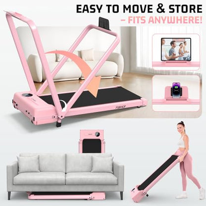 FUNMILY Upgrade Walking Pad Folding Treadmill with 12%/15% Incline & Handle Bar, 3.5HP Foldable Under Desk Compact Treadmills for Home/Office/Gym, 400+lb Capacity, Shock Absorption - color: Best Baby Pink T