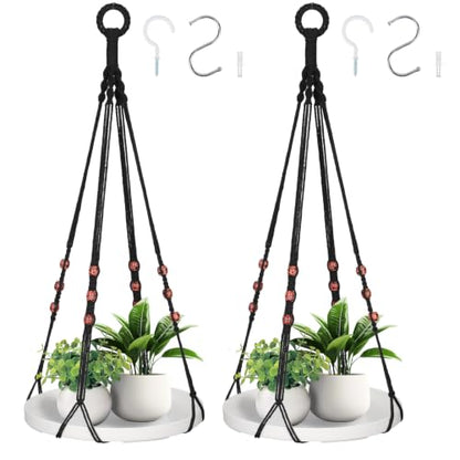 GREANER 2 Sets Hanging Plant Shelf, Black Indoor Hanging Plant Stand with Large Plastic Tray, Flower Pot Holder for Succulents, Cacti, Small Plants - color: White