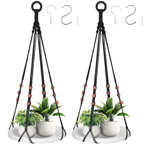 GREANER 2 Sets Hanging Plant Shelf, Black Indoor Hanging Plant Stand with Large Plastic Tray, Flower Pot Holder for Succulents, Cacti, Small Plants - color: White