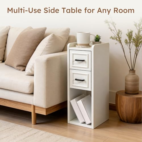 Narrow Nightstand Set of 2, Modern White Bedside Table with Drawers & Open Shelf, Modern End Table for Bedroom Small Spaces, Apartments, Renters - color: Narrow White