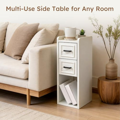 Narrow Nightstand Set of 2, Modern White Bedside Table with Drawers & Open Shelf, Modern End Table for Bedroom Small Spaces, Apartments, Renters - color: Narrow White
