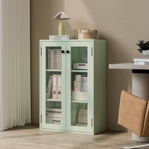Glass Door Bookcase, Metal Display Cabinet with 2 Fixed Shelves, Wall-Mountable, Anti-Tip Safe Design, Compact Storage for Home Office, Kitchen, Living Room, Green - color: Green, size: With Glass Doors
