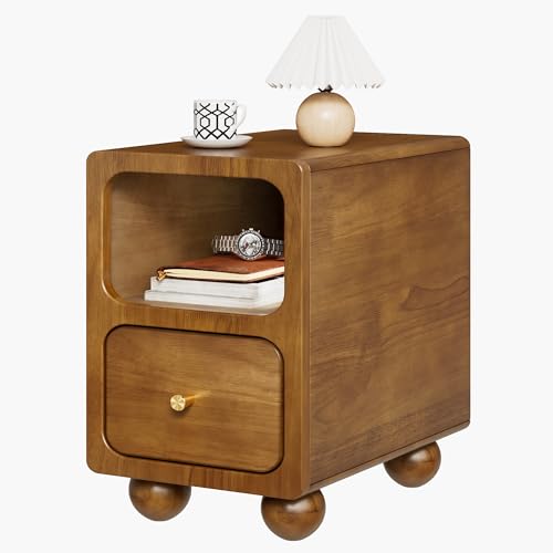 11.7” Small Narrow Nightstand, Solid Wood Nightstand with Drawers, Walnut Mid Century Modern Nightstand, Small Beside Table with Open Storage Shelf for Bedroom - color: A.walnut, size: 11.7*15*18.5 Inch