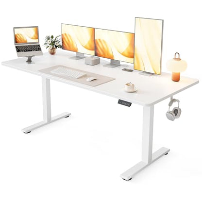 Cubiker Standing Desk, 63x28 Inches Sit Stand Home Office Desk, Electric Stand up Desk, Adjustable Desk with Splice Board, White Frame/White Top - color: White, size: 63x28