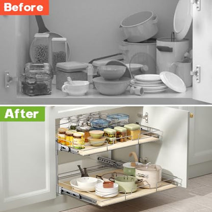 ROOMTEC 2 Tier Individual Pull Out Cabinet Organizer 19½"W x 21½"D, Slide Out Wood Shelves Organizers, Pull Out Drawers Organization and Storage for Kitchen Cabinet - size: 19½" W x 21½" D