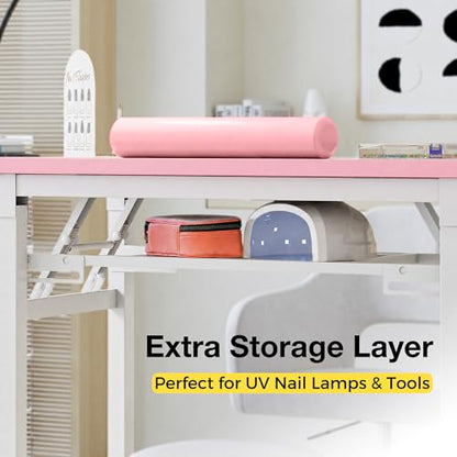 Portable Foldable Manicure Table with Dust Collector, Rolling Nail Tech Desk with LED Lamp, Wrist Rest, Lockable Wheels & Carrying Case for Home Salon, Travel & Mobile Nail Techs (Pink) - color: Pink