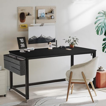 AHB 55" Rolling Computer Desk with 4 Smooth Wheels, Simple Style Mobile Writing Desk Home Office Study Table Movable Workstation with Metal Frame - color: Black, size: 55"