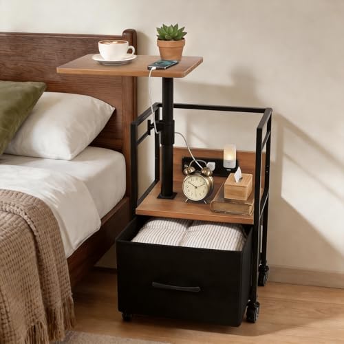 Small Bedside Table with Charging Station, Rolling Side Table with Wheels, Small Nightstand with Drawer Storage for Bedroom - Natural Solid Wood - color: Natural Wood