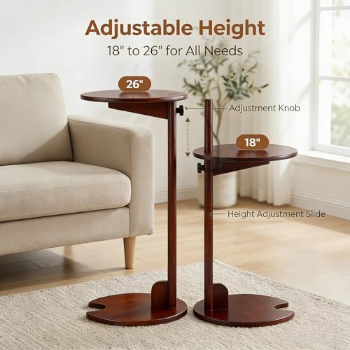 Bamboo Side Table for Sofa - Adjustable Height C Shaped End Tables for Small Spaces, Couch, Bedside, Living Room, 12.6x12.6x26 Inch TV Tray Round Stand for Drink, Snack, Coffee (Chestnut) - color: Chestnut