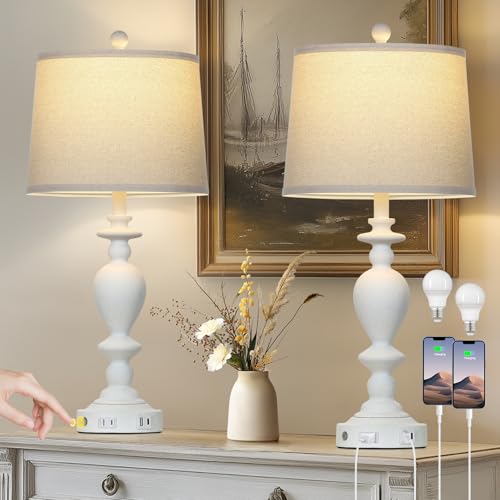 Cinkeda 28" White Farmhouse Table Lamps Set of 2 with USB C+A Ports & AC Outlet for Vintage Living Room Rustic Bedroom,3-Way Dimmable Touch Lamp Retro Resin Bedside Lamps for Nightstand Side Table - color: White