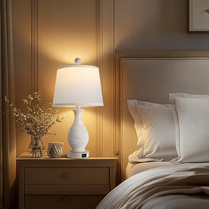 PARTPHONER Traditional Table Lamps Set of 2, Bedside Touch Lamp with USB C+A Charging Ports, Rustic Farmhouse Table Lamps for Living Room Bedroom, Side Table Lamp with White Fabric Shade, Antique Grey - size: Grey 22.6" Touch Lamp