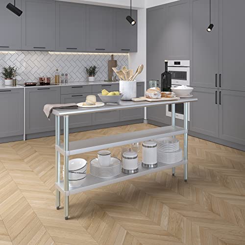 Stainless Steel Work Table with 2 Shelves | Metal Utility Table | Commercial & Residential NSF Utility (Stainless Steel Table with 2 Shelves, 60" Long x 14" Deep) - size: 60" Long x 14" Deep