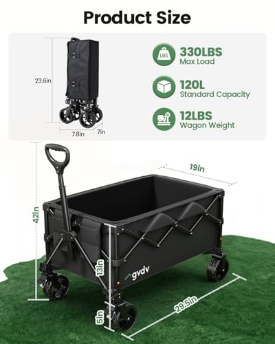 GVDV CW35 Wagons Carts Foldable, 42-Inch Extended Handle Collapsible Utility Wagon, 330LBS Heavy-Duty Shopping Cart for Groceries, Sports, Camping, Garden