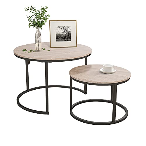HOJINLINERO Round Coffee Table,Nesting Coffee Table Set of 2,Center Tables for Living Room,Office, Home Small Space,Stacking Side Tables,Sturdy and Easy Assembly,Wood Desktop,Black+Teak OAKDK,Large - color: Oak, size: Large