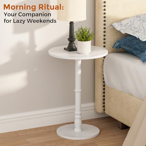 Homleke 16" Round Side Tables, Solid Wood Pillar with Wood Top & Base, Small Drink Accent Table for Living Room, Bedroom, Sofa & Office, Easy Assembly, White - color: White