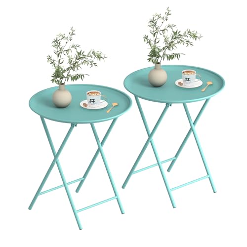 Garden 4 you Folding TV Tray Table, Metal Round Side Table, Green Dinner Table with Metal Frame, Modern Outdoor Tray Table for Living Room, Bedroom, Patio & Small Spaces, 2 Packs - color: Green, size: 2 PCS