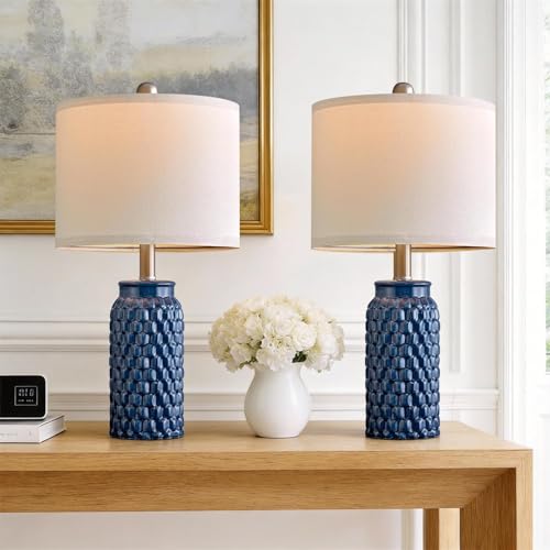 USumkky 20.5 inches Modern Ceramic Dark Blue Bedside Lamp Set of 2 for Bedroom Decor Farmhouse Table Lamp for Living Room Office Dorm - color: C 20.5" Dark blue-2 Pack