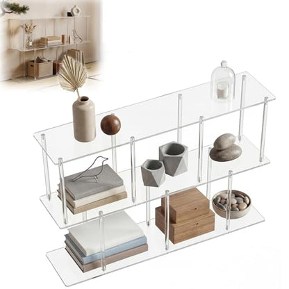 3-Tier Acrylic Clear Bookshelf 11.8''D X 47.2''W X 24.6''H Horizontal Bookshelf with Large Storage Cube Organizer Shelf Easy Assembly for Home Office Living Room Bedroom