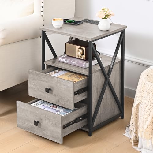 Livofloral LED Nightstand Set 2, Night Stand with Charging Station, Grey Side Table Set of 2 with Wood Drawers, End Tables with USB Ports and Outlets, Bedside Tables for Bedroom, End Table Living Room - color: Grey, size: 2 Pack